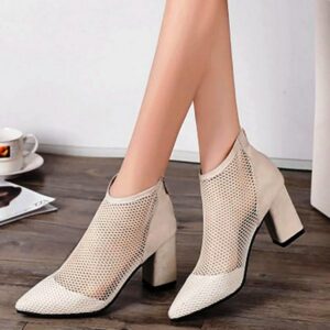 Woman Square White Heels Mesh Ladies Pointed Toe